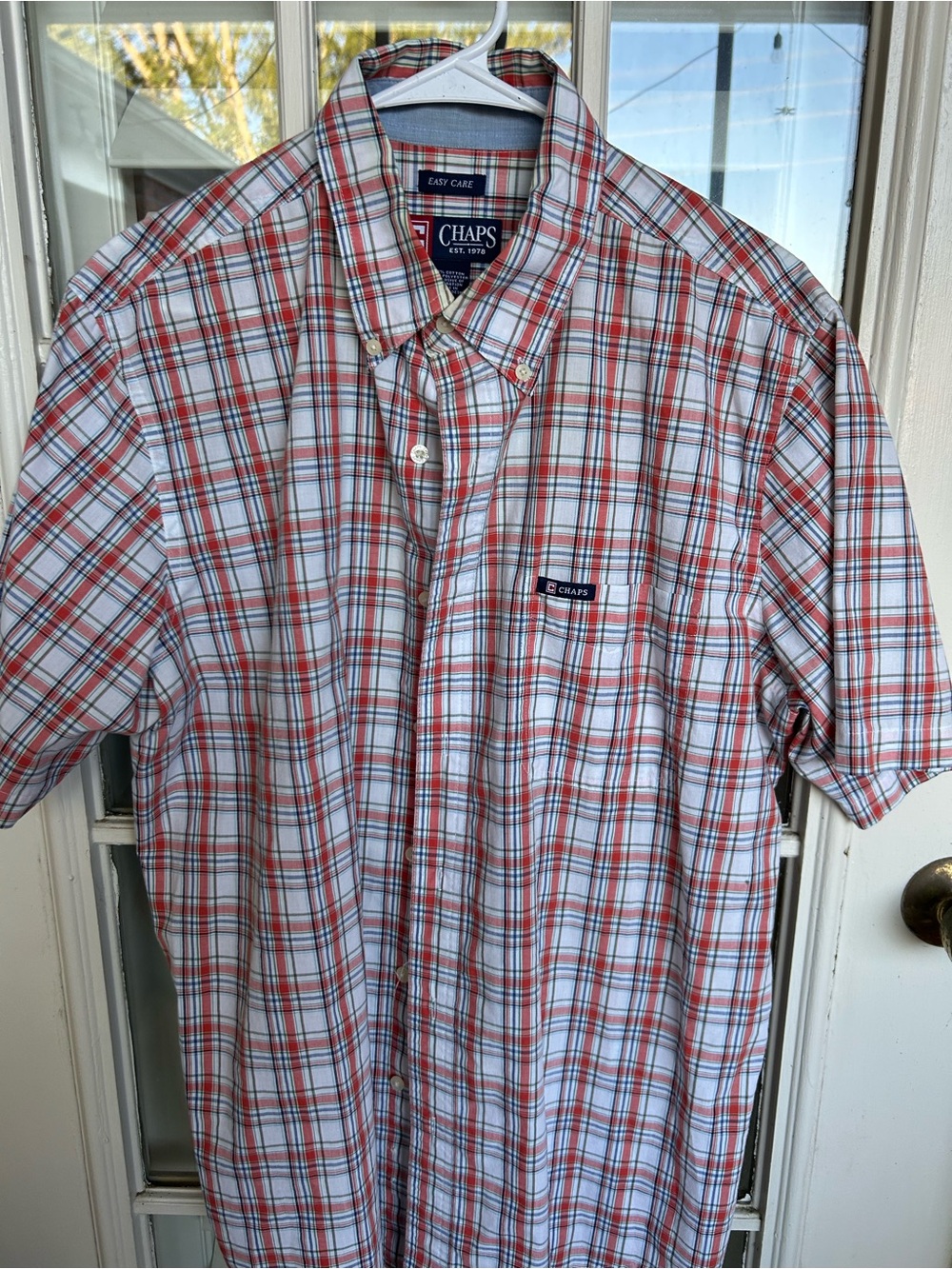 Chaps Plaid Short-Sleeve Button-Down Shirt in Red and White